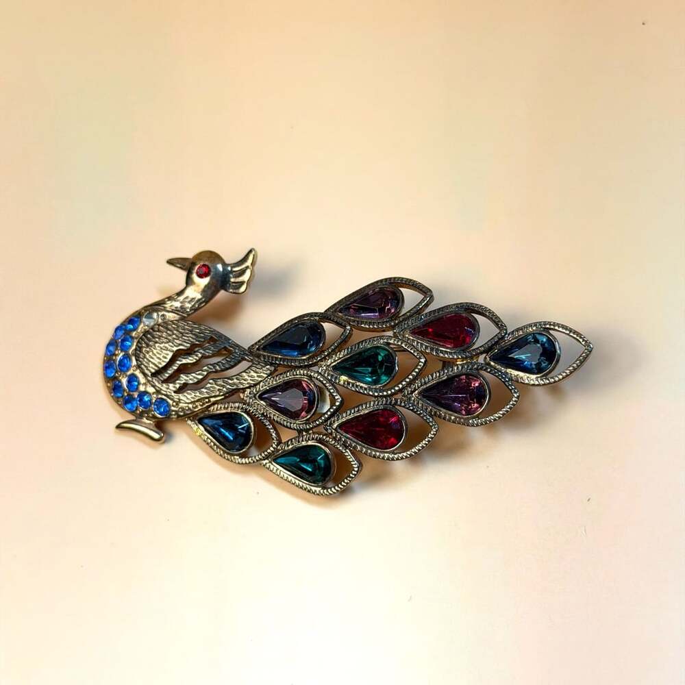 Vintage Gold Tone Multi Color Teardrop Rhinestone Peacock Brooch Pin